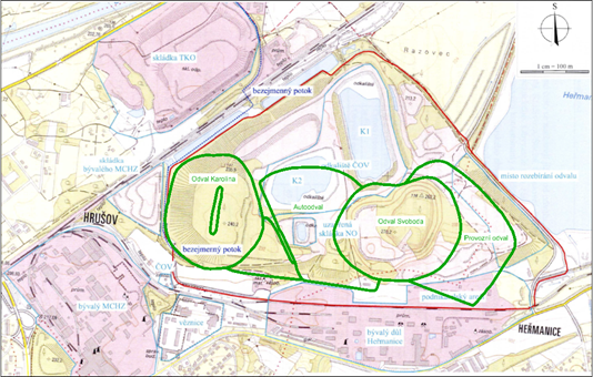 Scheme of partial sections of the Heřmanice waste dump